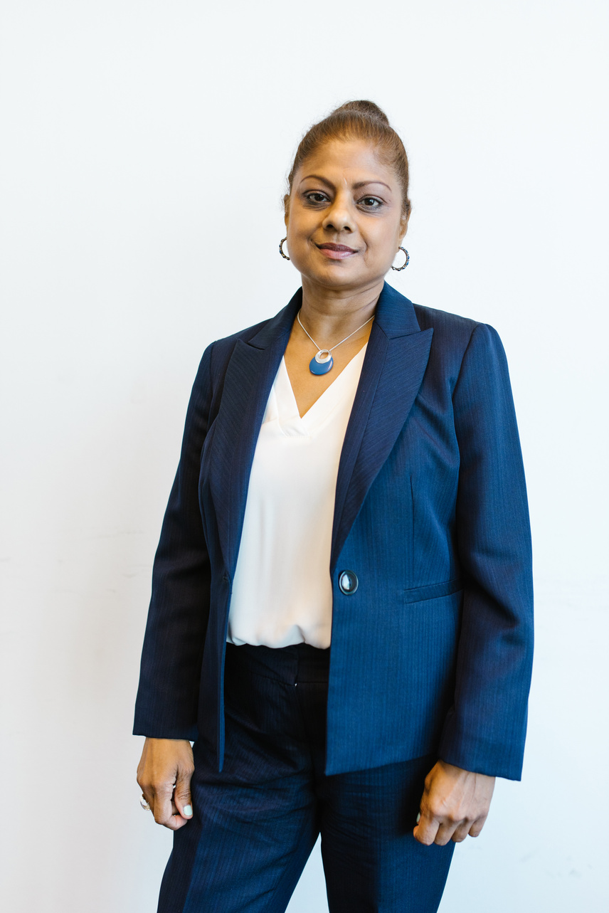 Woman in Blue Blazer and White Inner Shirt